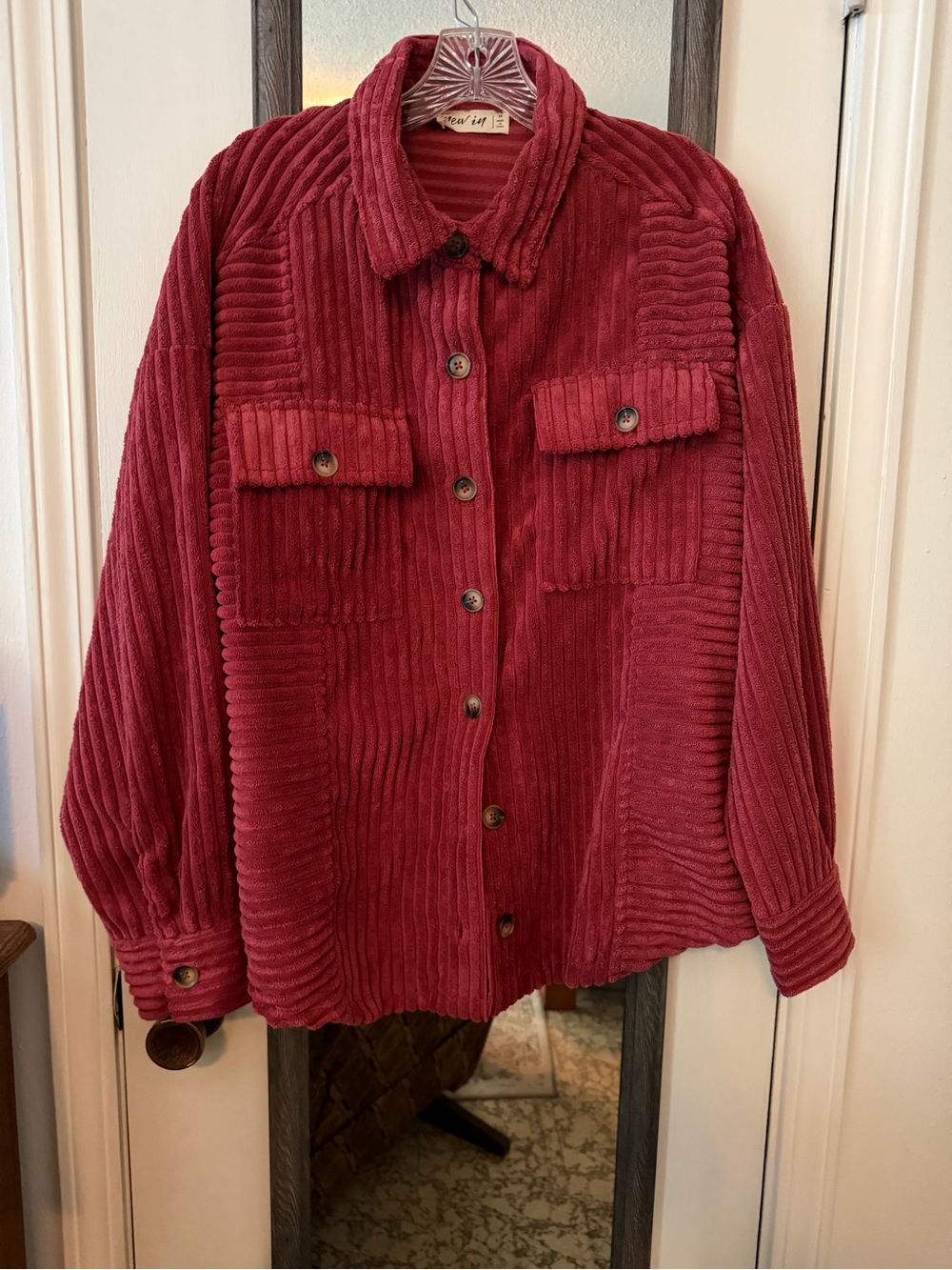 Corduroy Button-Up Shacket Jacket - Red